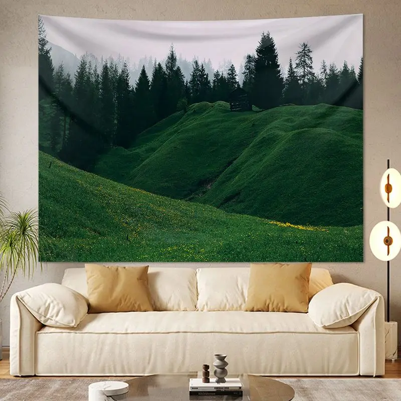 VIKAMA Nordic Forest Valley Landscape Tapestry, HD Wear-Resistant Fabric Wall Art for Serene Living Room Home Decor