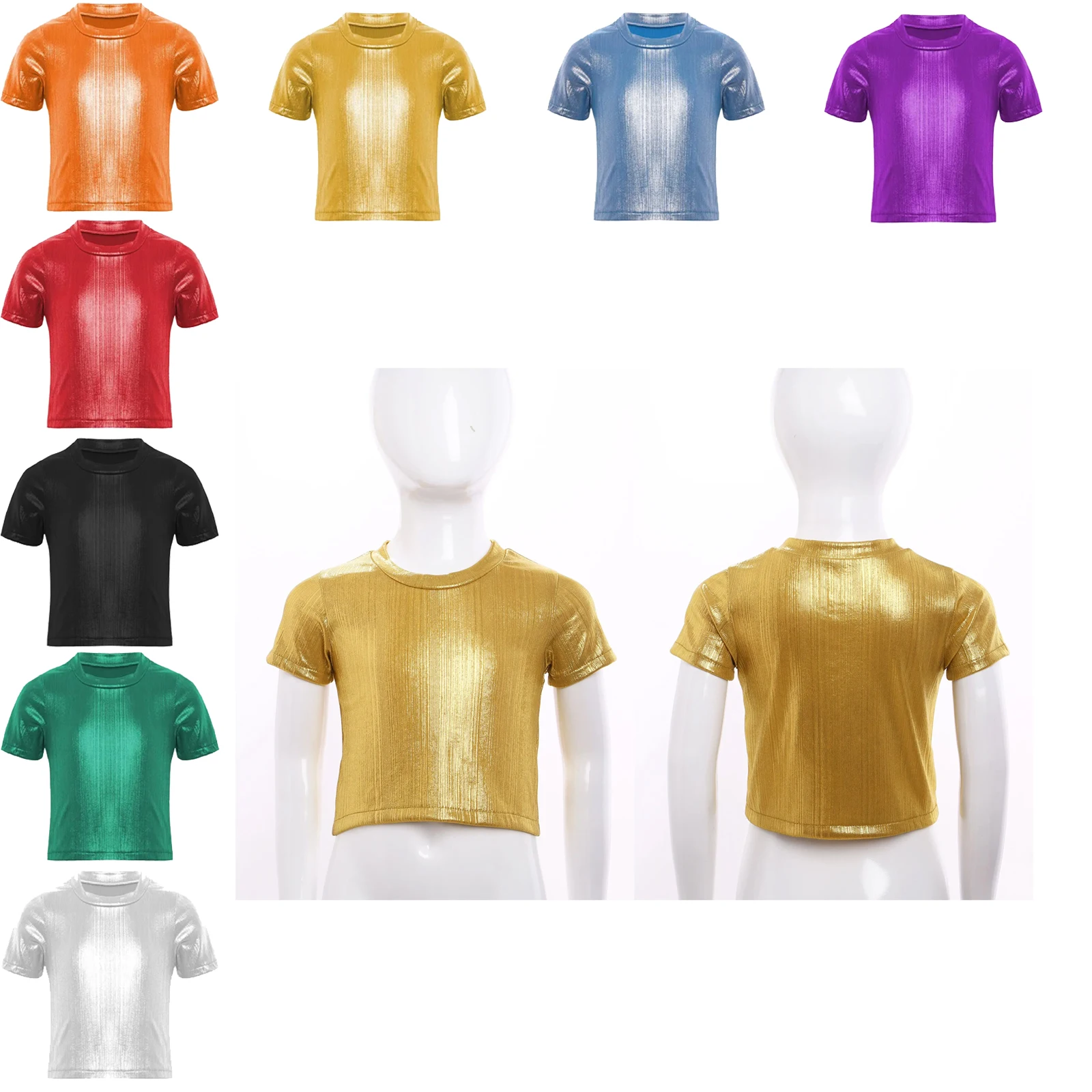

Boys Girls Metallic Shiny T-shirts Jazz Dance Top Short Sleeve Bright Blouse Dancewear for Jazz Hip Hop Modern Dance Performance