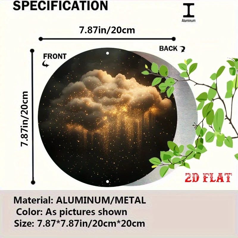 [2D Flat] 1pc Aluminum Wall Art Decor, 19.81cm Round Frameless Metal Sign with Golden Sparks Cloud Design, Indoor Outdoor Arti