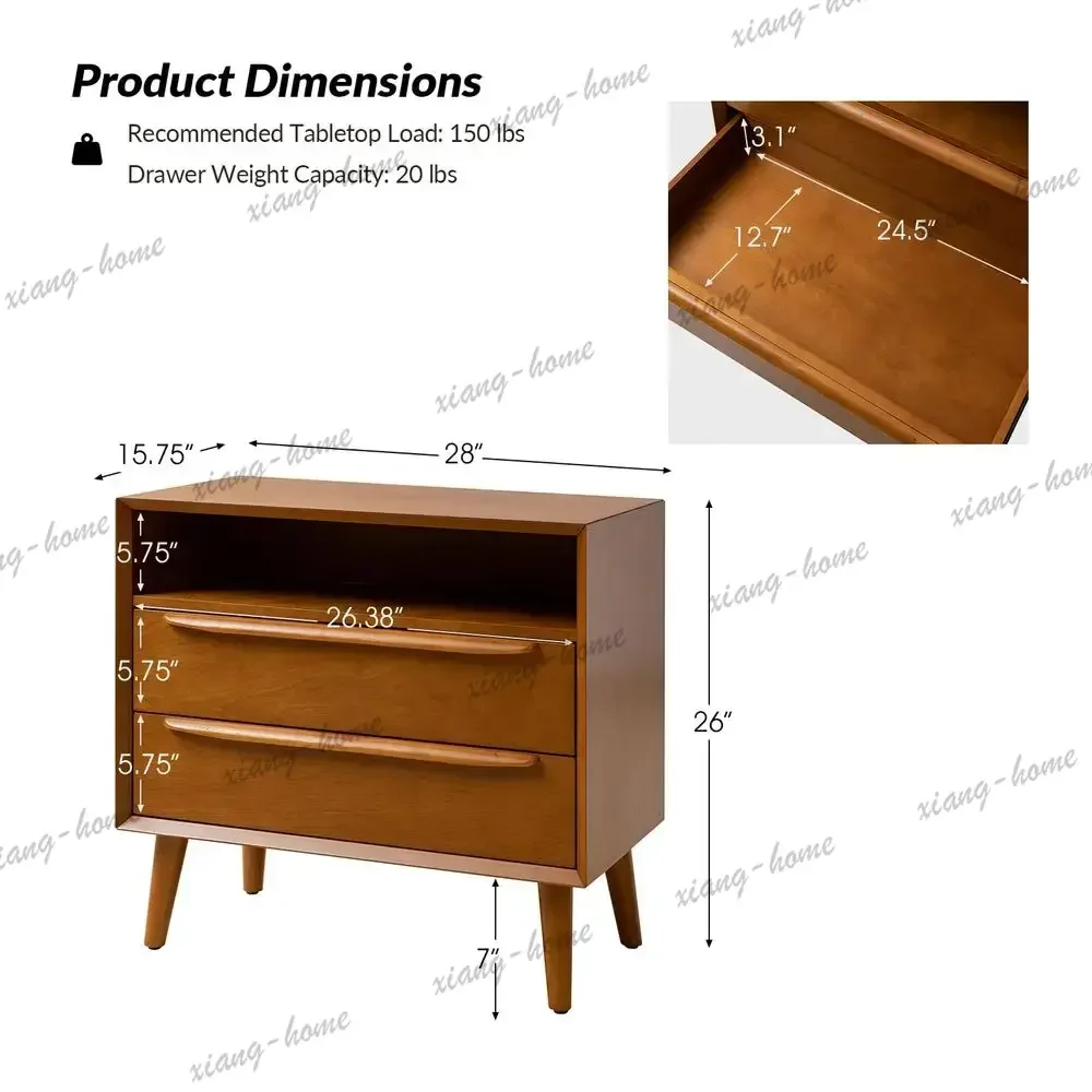 lsEnd Table with Charging Station, MidCentury Modern 2 Drawer and Open Shelf, Fluted End TableAcorn, Set of 2