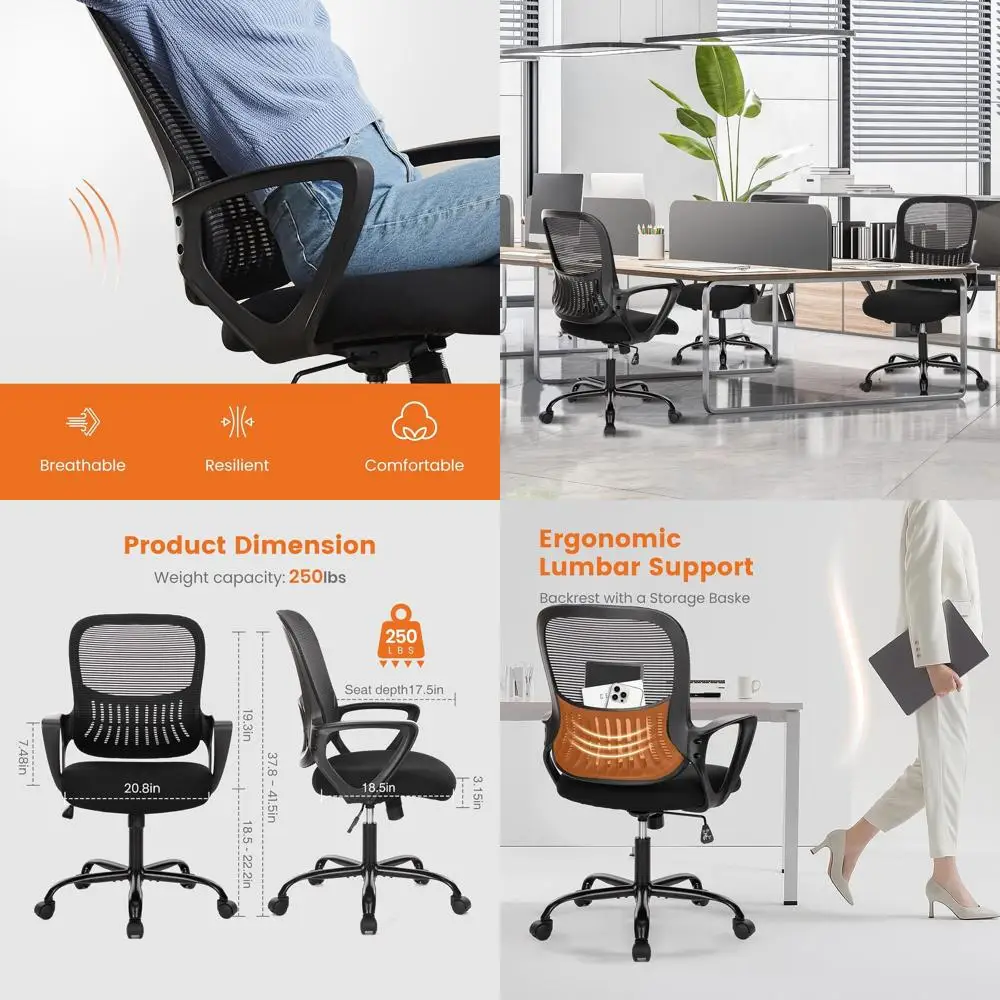 

Mid-Back Mesh Office Chair with Wheels, Lumbar Support, and Padded Armrests for Home & Work Spaces