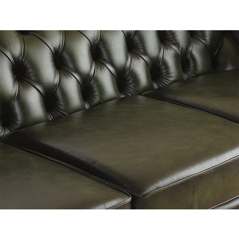 Sofá vintage em couro verde, sofá capitoné de 3 lugares com braços rolantes