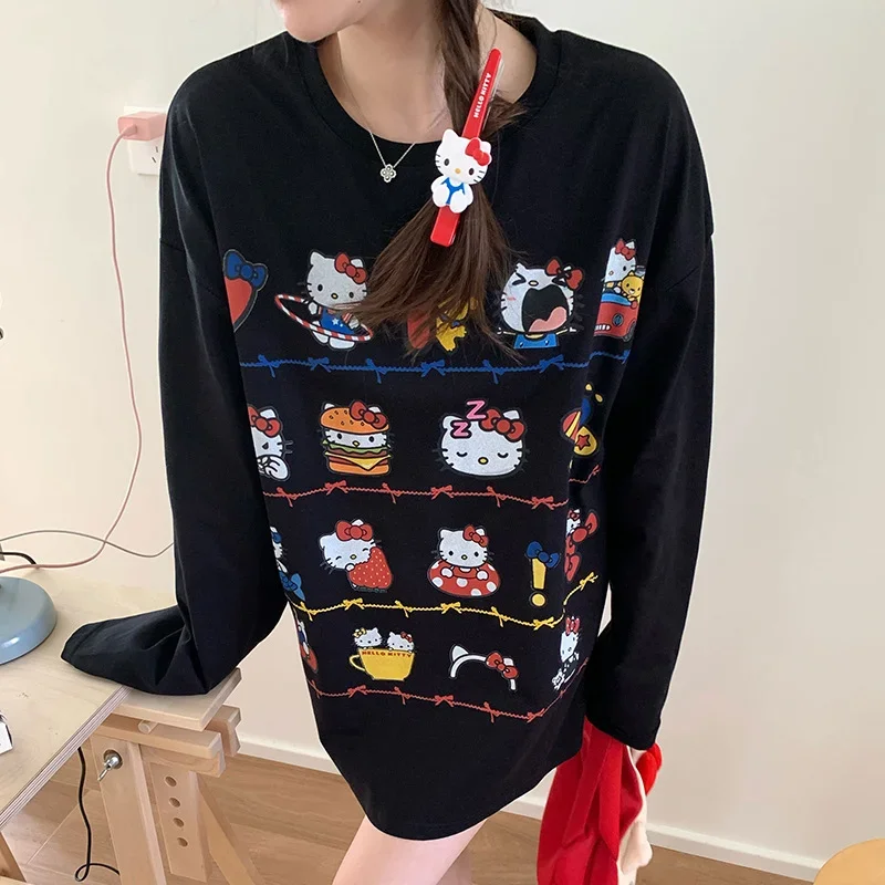 Cartoon Sanrio T-shirt autumn round neck long sleeve trousers women\'s pajamas Hello Kitty top loungewear loose print pajamas