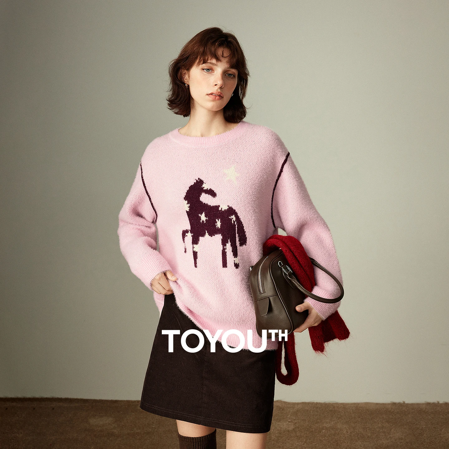 

TOYOUTH женский кашемировый свитер с цветными блоками, новинка зимы 202, с круглым вырезом, тотем звезды и лошади, свободный топ с заниженными плечами ​