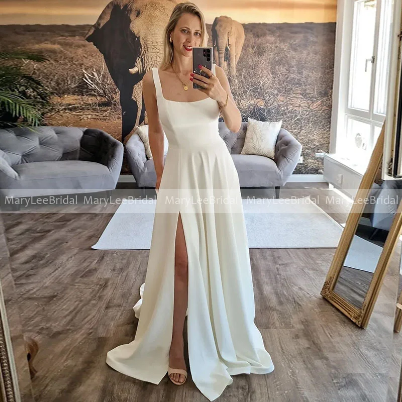 A-Linie Boho-Hochzeitskleid mit quadratischem Ausschnitt und Trägern, individuell gestaltet, schlicht, weiß, elfenbeinfarben, Krepp, vorne geschlitzt, Brautkleider, Vestidos de Novia