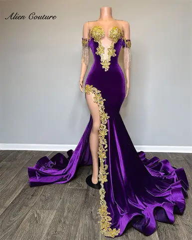 Purple Long Prom Dresses For Black Girls 2025 Luxury Beads Tassels Appliques Mermaid Wedding Party Gown Customized