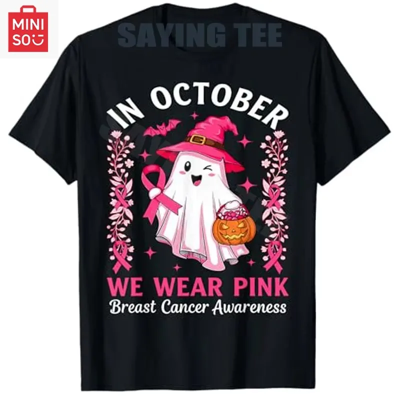 

Breast Cancer Women Halloween in October We Wear Pink Ghost T-Shirt Fashion Scary Ghost Witch with Pumpkin Y2k Graphic Outfit