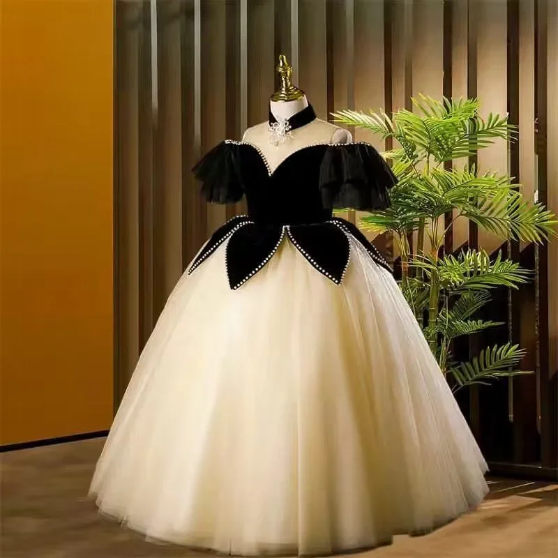 Children Luxury Frocks Girls Evening Dress Infant Girl Patchwork Beading Ball Gowns Infant Piano Performance Pageant Costum