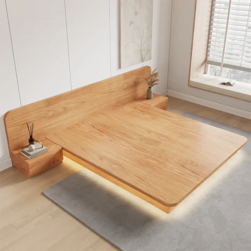 Solid Wood Tatami Bed for Small Apartment Modern Simple Space Saving High Box Bed with Lamp Floor Bed without Bedside