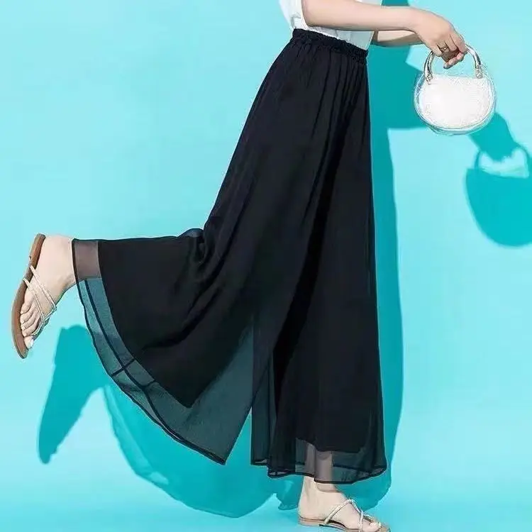 

Elegant Women Spring Summer Skirt Pants Double-Layer Design Elastic Waist Chiffon Long Pants Solid Color Mesh Trousers C130