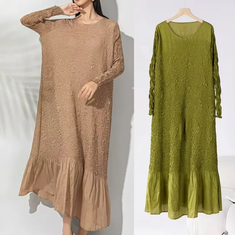 

Плиссированные платья Miyake, осень 2023, новое жаккардовое однотонное платье со складками, женское высококачественное темпераментное тонкое длинное платье с вышивкой