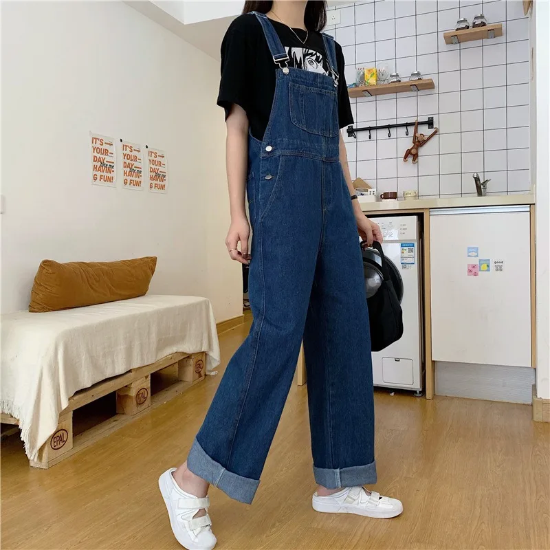 Korean-Style Women's Summer Denim Overalls for Pear-Shaped Figures Relaxed Casual Solid Color Wide-Leg Overalls Jumpsuits