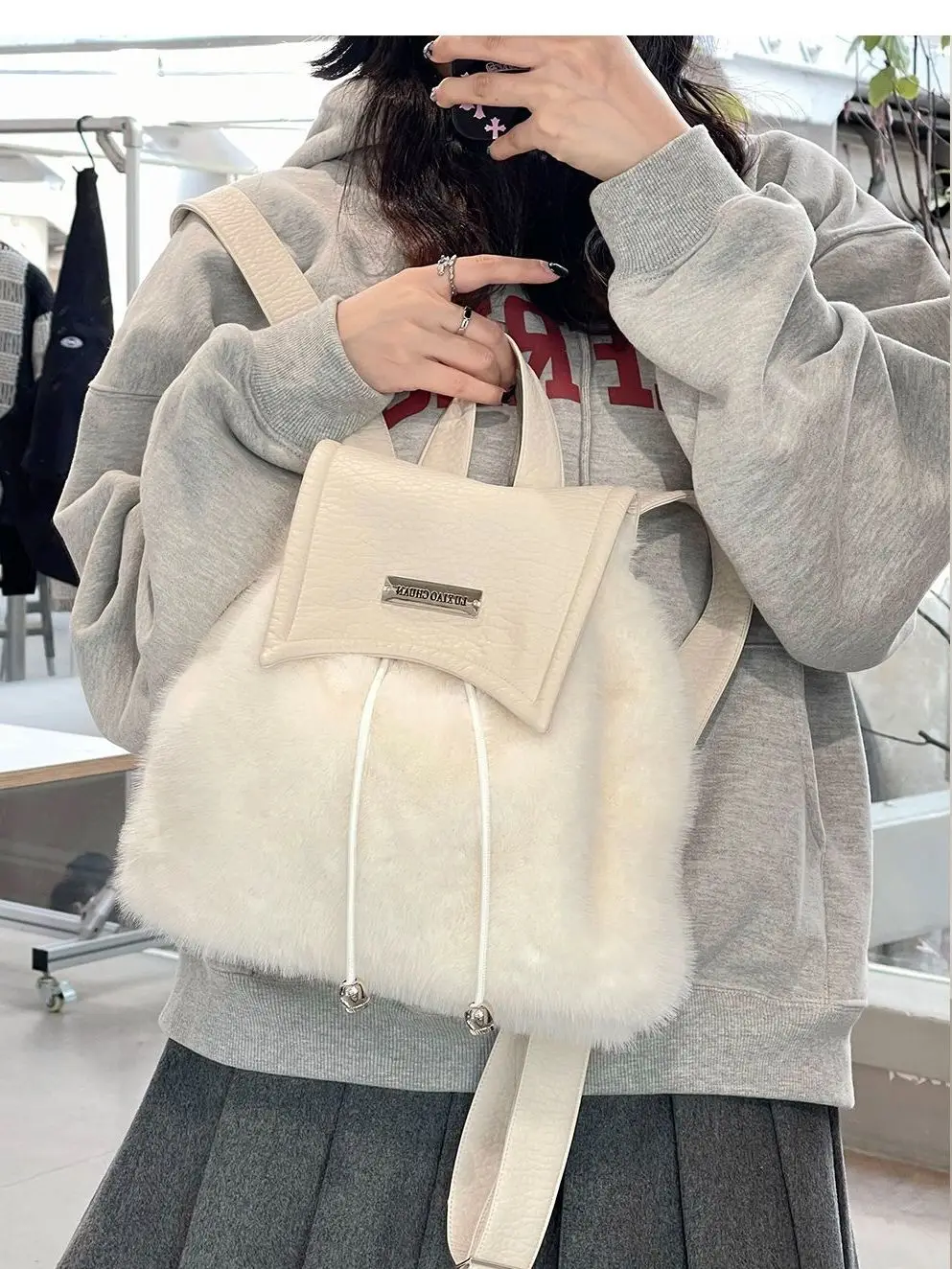 Miyagawa Plush Backpack with Drawstring Japanese Sweet Large Capacity Student Bag Niche Cute Girls Backpacks