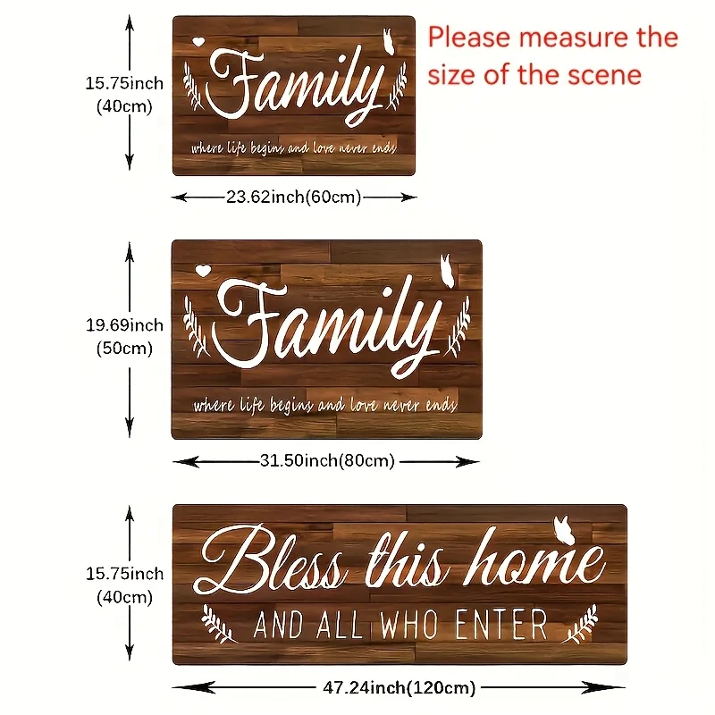 Three-piece family-themed kitchen Mat set-Happy Home & Love Never Stops Design-Simple and durable long strip floor mat, machin