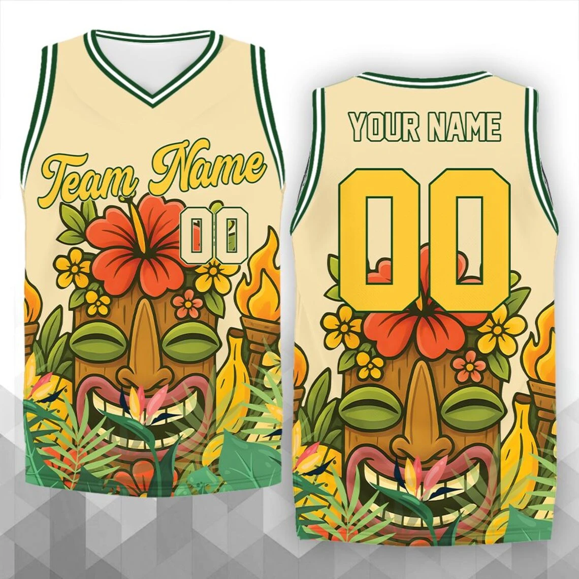 

Custom Hawaiian Tiki Basketball Jersey Personalized Team Name Number Sleeveless Sports Tee For Beach Parties And Team Uniforms