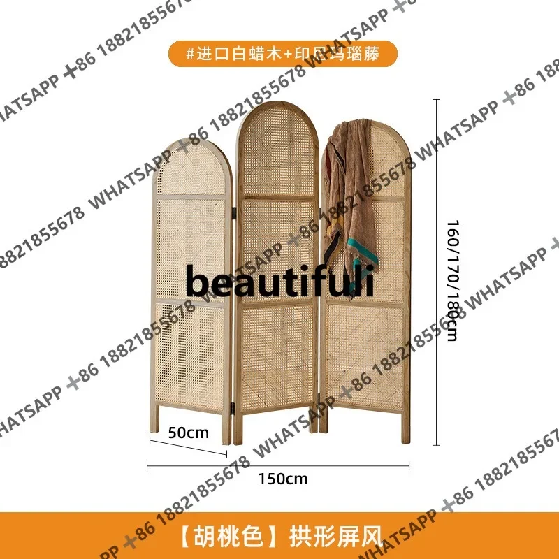 X  Solid wood rattan screen creative partition wall movable folding folding screen, small apartment simple seat screen