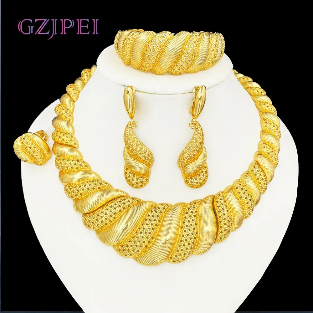 

GZJPEI 2025 New Design Jewelry Set Indian Gold Plated Big Necklace Open Cuff Bracelet Long Drop Earring For Dubai Wedding Gifts