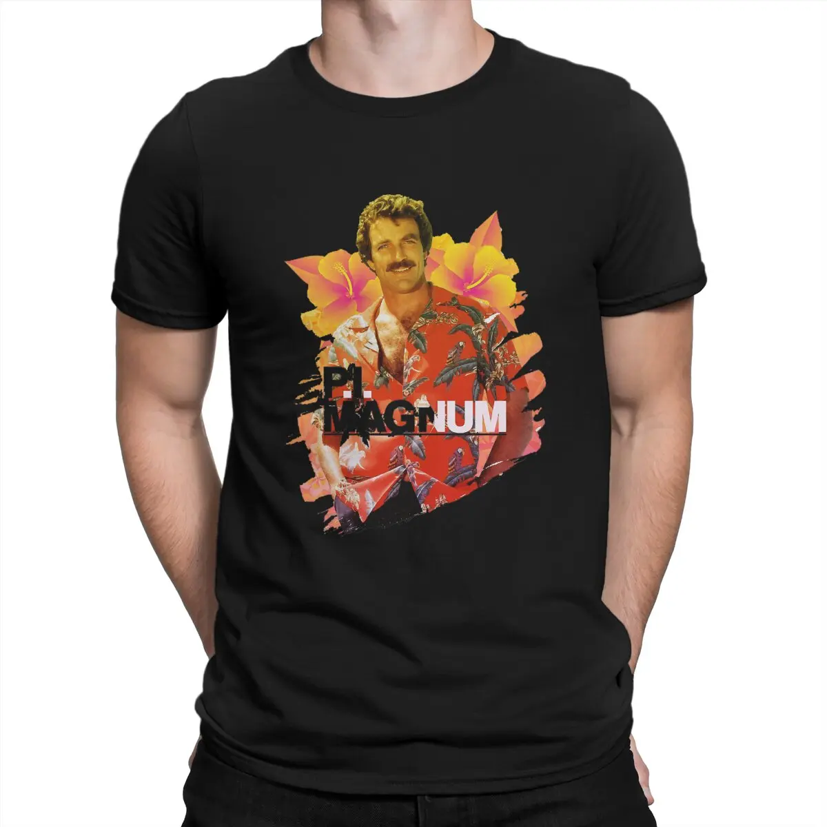 Camisetas con estampado de flores Magnum PI para hombre, ropa de algodón, actor americano, Tom Selleck, Vintage, manga corta, cuello redondo