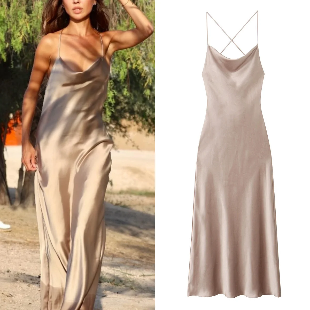 

TRAF Women Sexy Silk Satin Fabric Suspender Dress Sleeveless Backless Bandage Women long Dress Elegant Party Dress 2024 Summer