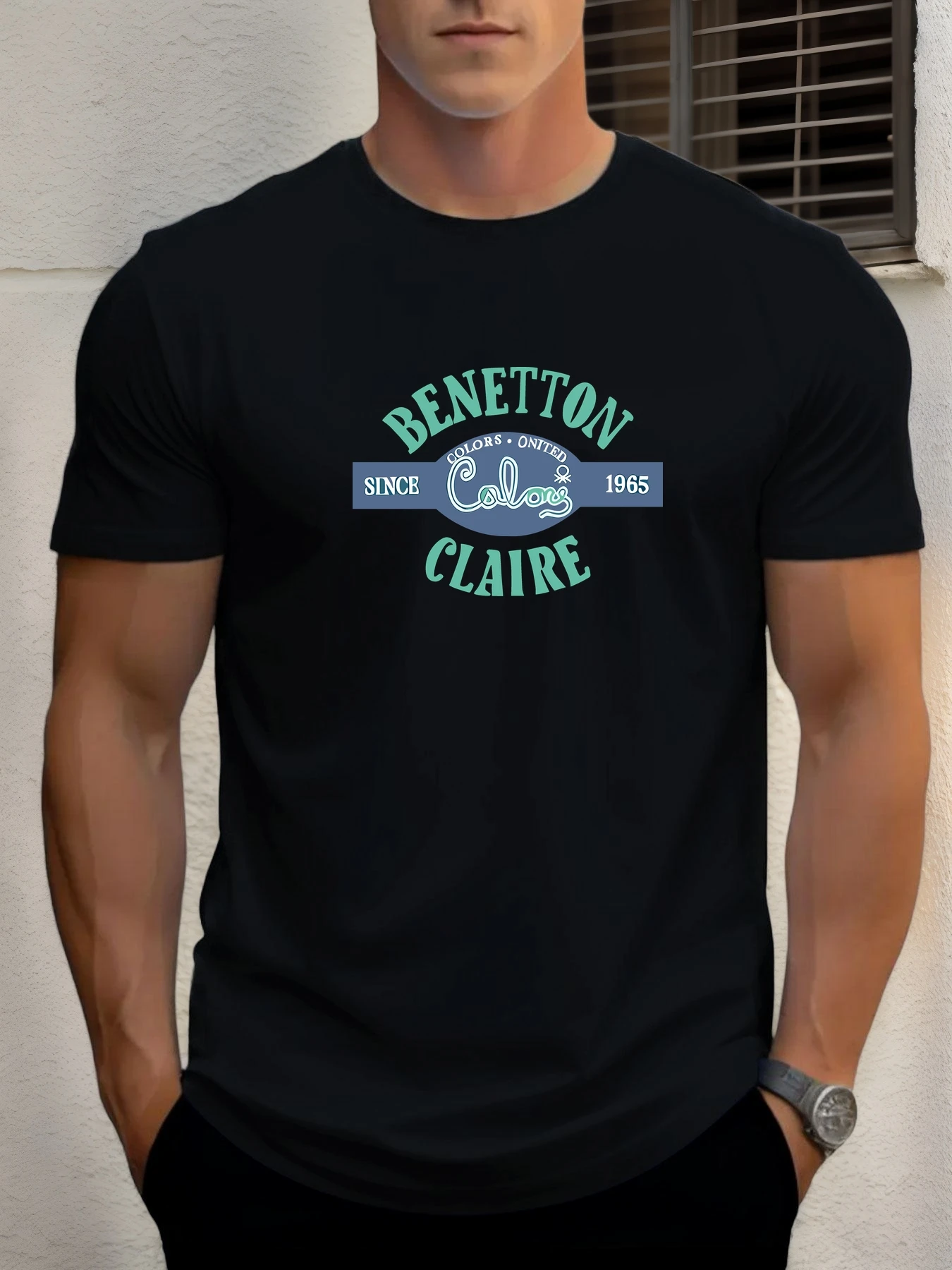 

Men's cotton T-shirt, summer round neck short sleeves, BENETTON COLORS printed breathable streetwear fashion cool T-shirt