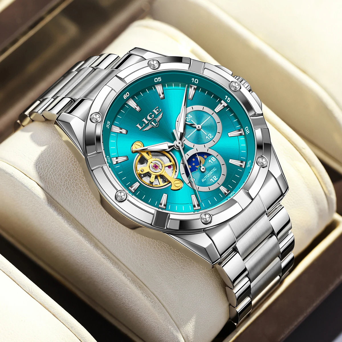 ساعة ميكانيكية فاخرة من العلامة التجارية LIGE بتصميم بسيط كاجوال لمرحلة القمر مقاومة للماء ومضيئة من الفولاذ المقاوم للصدأ للرجال كرونوغراف #6