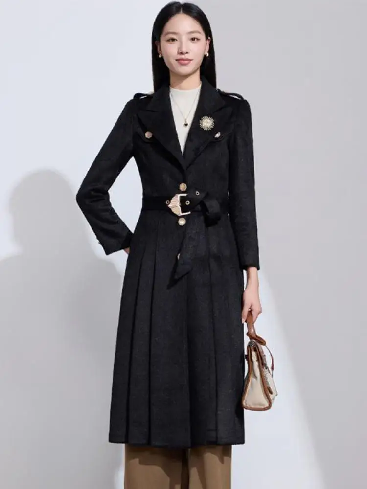 

Vintage Women Solid Elegant Long Sleeve Woolen Coat Autumn Winter Elegant Single Breasted Festival Pleated Overcoat Streetwear