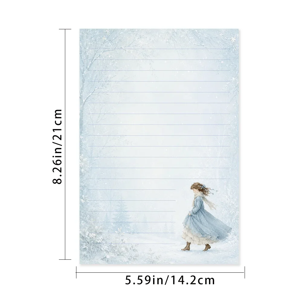 50 Sheets,Blue Tone Winter Girl -themed Writing Paper, Lined, Glue-free, Perfect For Notebooks, Memos, And Stickers