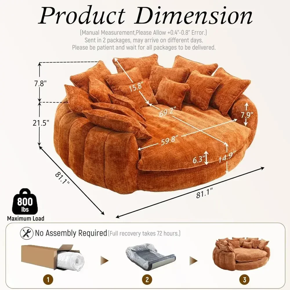 Extra Wide Round Chaise Lounge Chair for Indoor Sofa Bed, Comfortable Cloud Reading Couch for 2, with 14 Pillows (Orange) - view 2