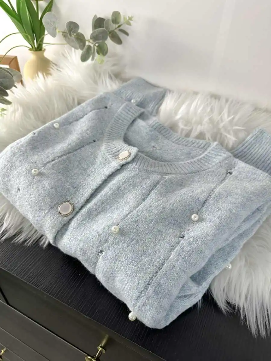 Design Sense Bead Hollow Out Knitted Cardigan Women's Autumn New Sweet Soft Thickened Sweater Coats O-neck Loose Jackets