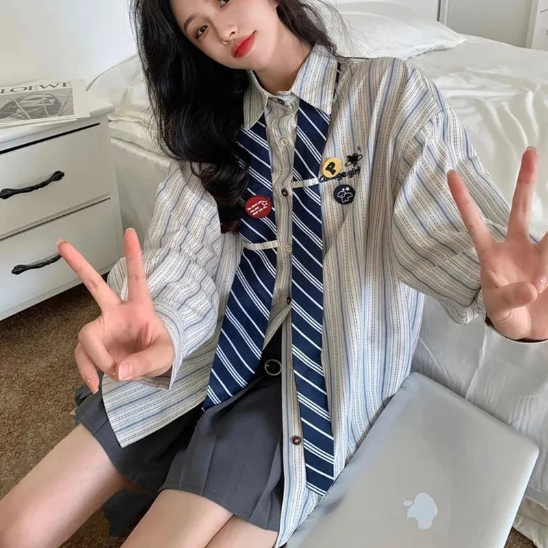 

Jk полосатая рубашка в консервативном стиле женская галстук свободная ленивая повседневная блузка корейская с длинным рукавом весна осень Harajuku Y2K модный топ