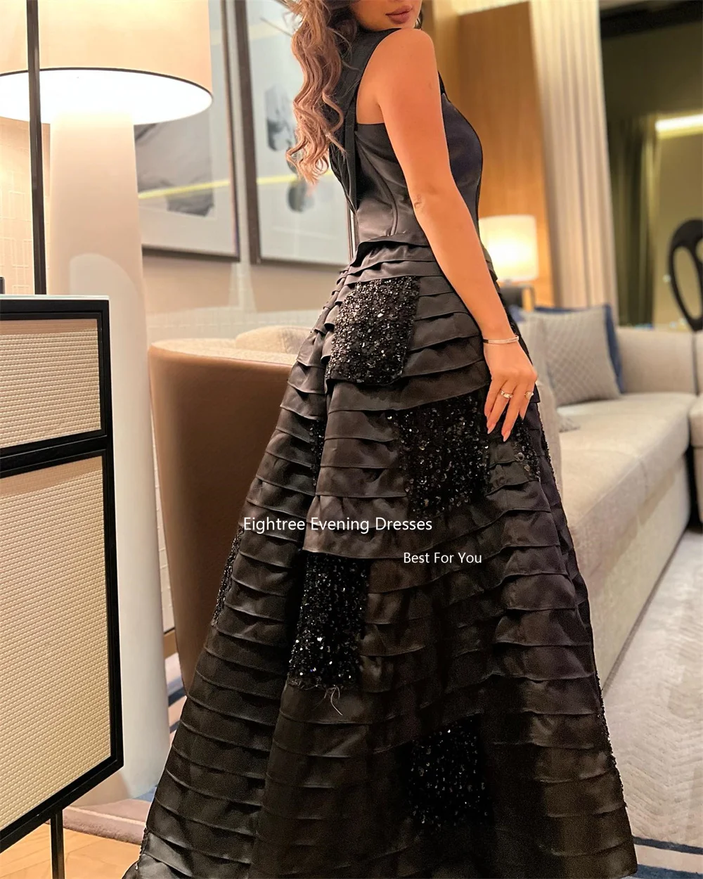 Eightree Black Luxury Evening Dresses For Women 2023 Sequined Long A Line Halter Satin Arabia Wedding Party Dress Formal Occasio