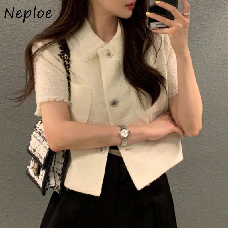 Neploe Korean Fashion Vintage Coat Turn Down Collar Solid Color Short Sleeve Jackets Pockets Tassel Single-breasted Outerwear