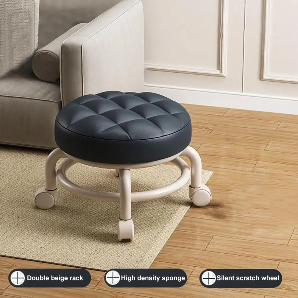 Heavy-Duty Shoe Stool Faux Leather Surface Sponge Filling Metal Legs 360 Degree Rotating Round Low Stool Household Supplies