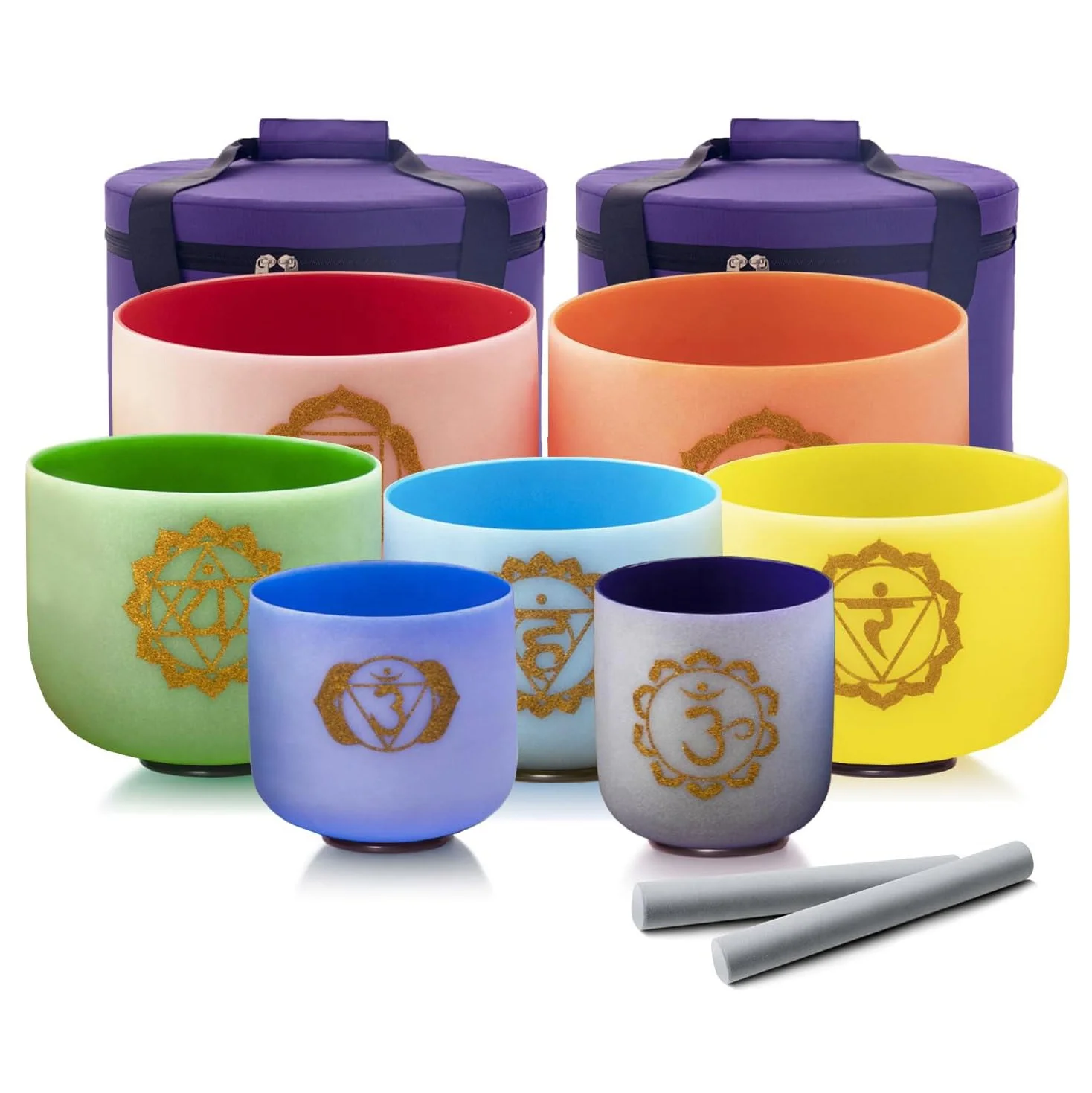7-12 Inch 432hz Chakra Design Colored Frosted Crystal Singing Bowls Set of 7pcs with Carrying Case for Yoga Musical Healing