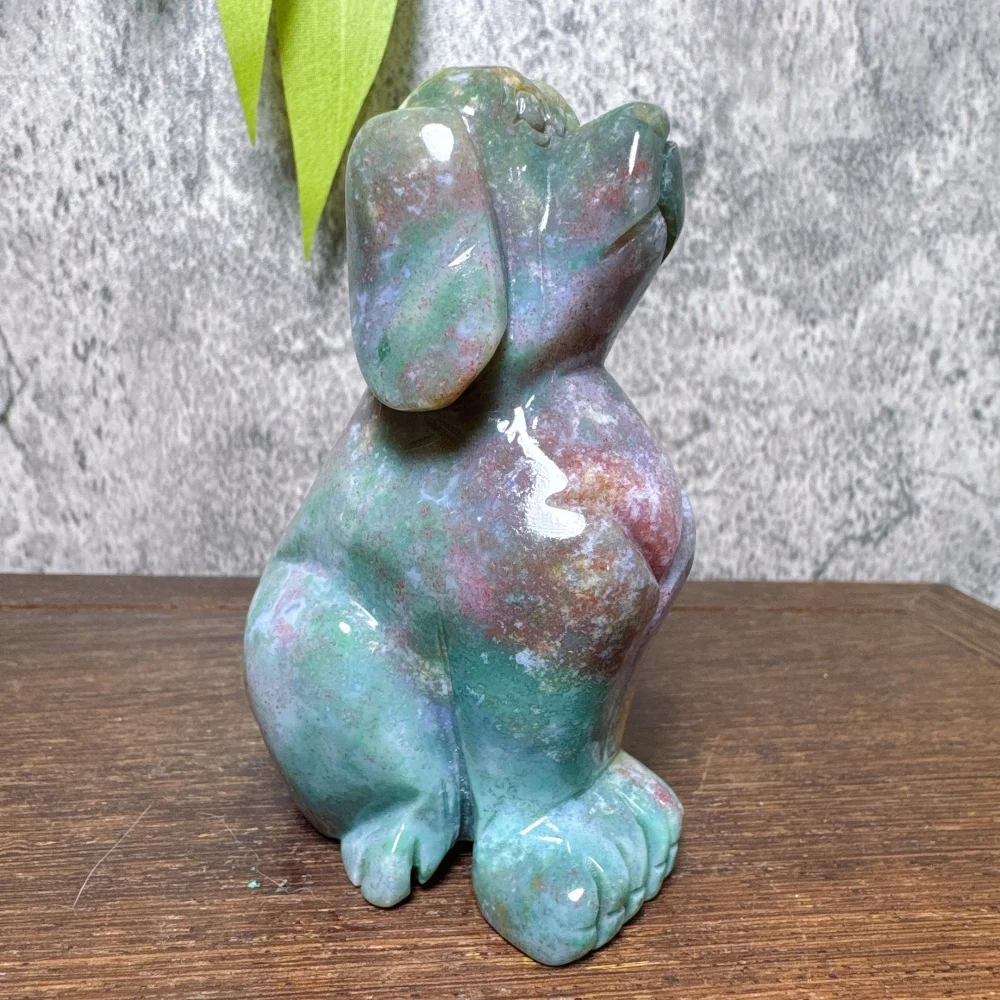 Natural Ocean Jasper Dog Carving Healing Fengshui Gemstones Home Decoration Holiday Gift