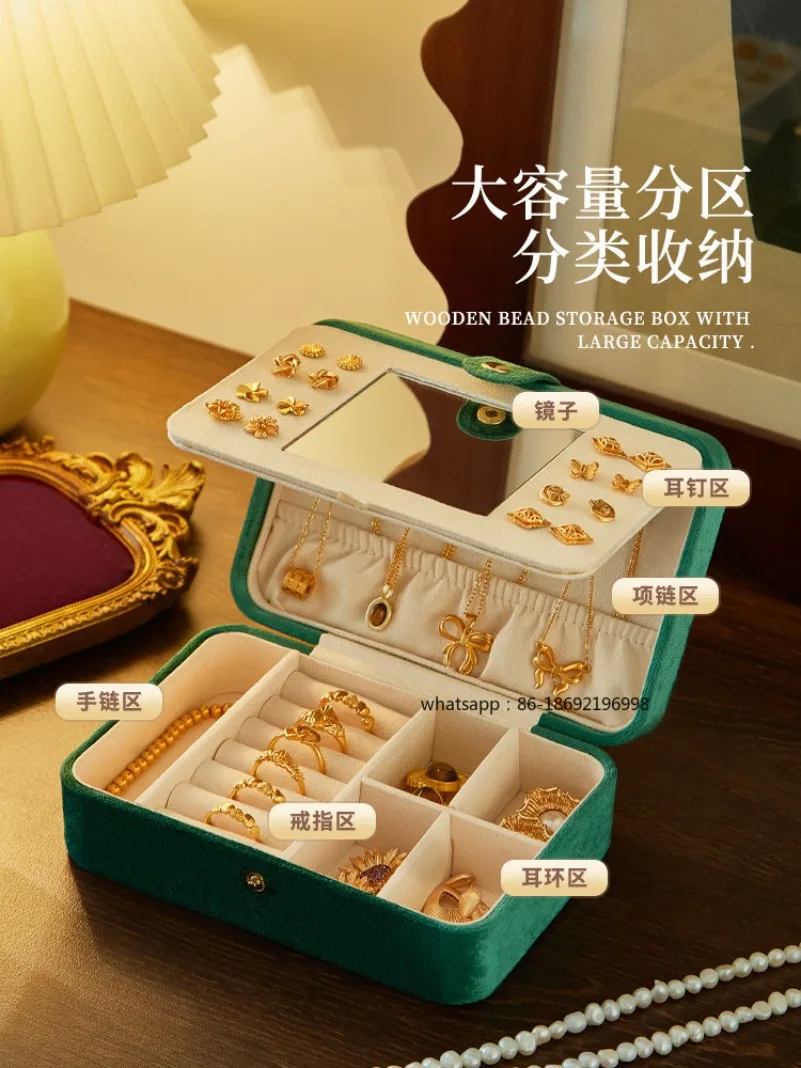 Velvet Jewelry Storage Box with Mirror Light Luxury Large Capacity High-end Exquisite Stud Ring Necklace Gold Earring