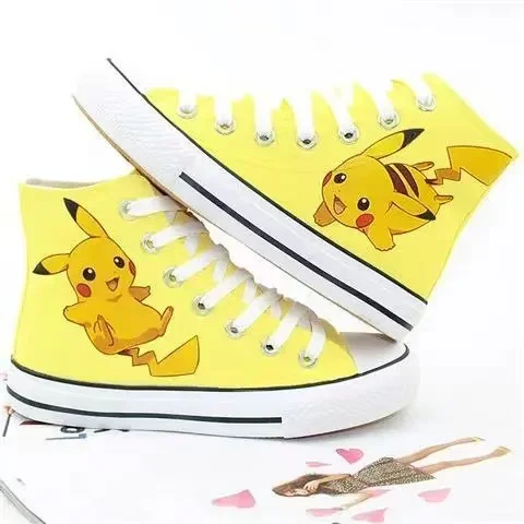 Pikachu, superventas, zapatos de lona de alta calidad para mujeres, hombres, de talla grande, lindos zapatos deportivos blancos para estudiantes, par de zapatos casuales negros