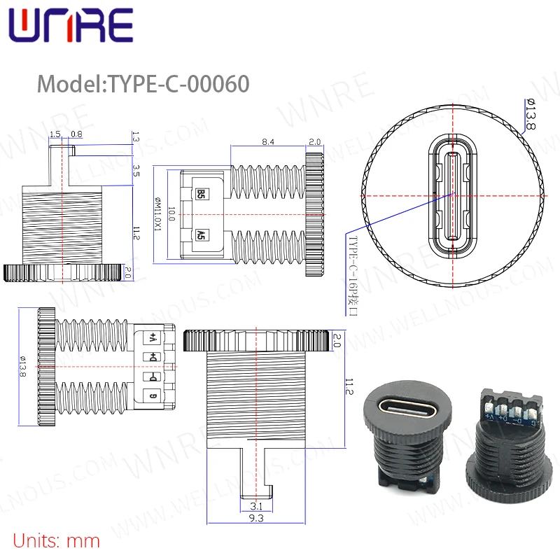 TYPEC-00060 Gwint okrągły Bezprzewodowe złącze USB do szybkiego ładowania Wodoodporna głowica żeńska Gniazdo portu połączenia zasilania