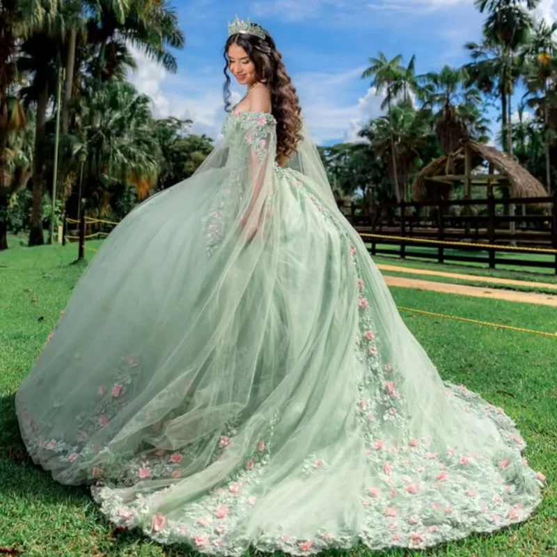 Mint green Quinceanera Dress off-shoulder glitter 3D flower decal Long tail vestidos de 15 Quinceanera ﻿Customize