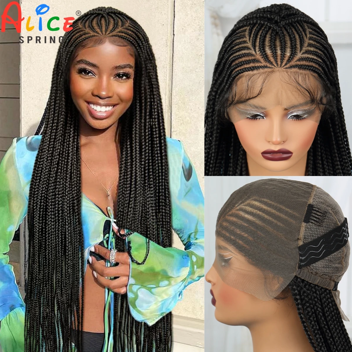 Natural 36 Inches Straight Synthetic Braided Wigs Lace Braided Wig Synthetic Cornrow Braids Wigs With Baby Hair for Black Woman