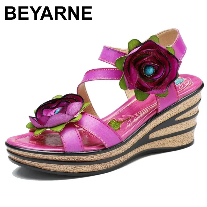 

New Vintage Flower Comfortable Summer Wedges Sandals Genuine Leather Handmade Ethnic Style Women Shoes