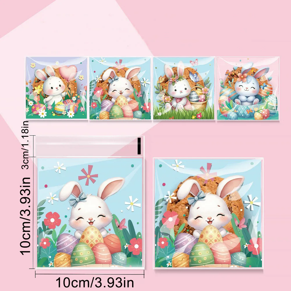 100pcs Easter Cellophane Treat Bags, Self Sealing Candy Cookie Bags Clear Cute Bunny Pattern Plastic Self-Adhesive Bag