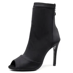 Zapatos de baile latino de talla grande para mujer, botas de nailon de tacón alto para profesores, Salsa, Jazz, exterior, interior, negro, gran oferta