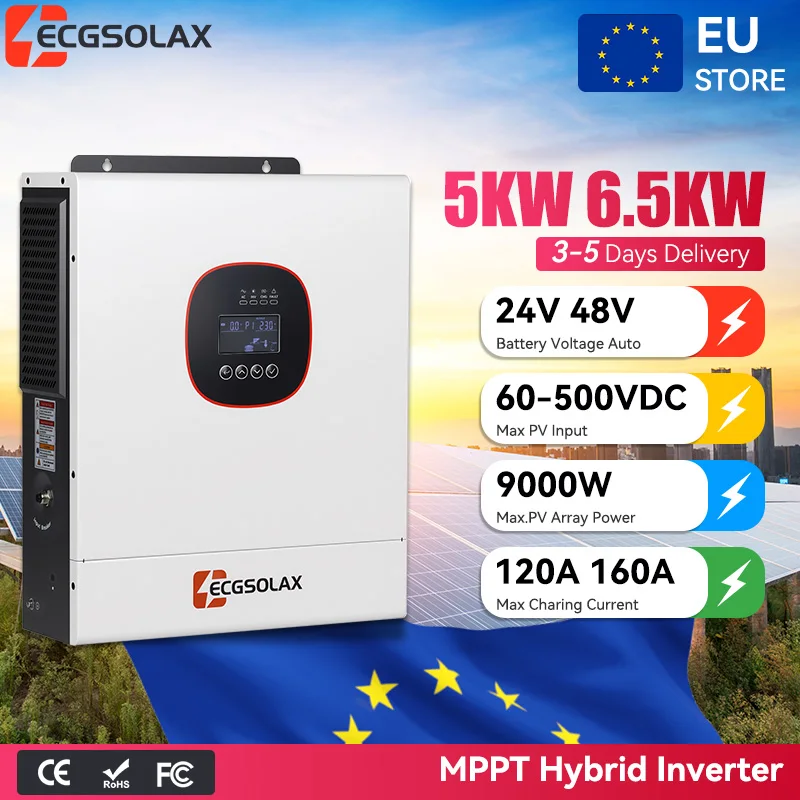 ECGSOLAX 5KW 6.5KW Hybride Solar-omvormer met MPPT 160A 120A Solar-lader Zuivere Sinusgolf Hybride Solar-omvormer 230Vac 24V 48V Max PV 9000W 500VDC Ingang met WIFI