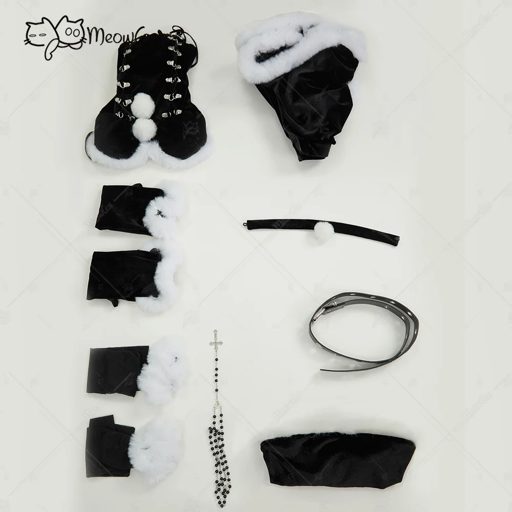 US Stock MEOWCOS Halloween Gothic Black Bodysuit Half Skirt Set Dark Furry Christmas Set with Hat Choker Gloves Coaplsy Costume view 6