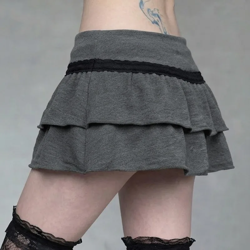 Women's Low Rise Mini Skirts Tiered Ruffle Cake Skirt Black Lace Trim Y2k Korean Style Casual New Fall Faldas Mujer