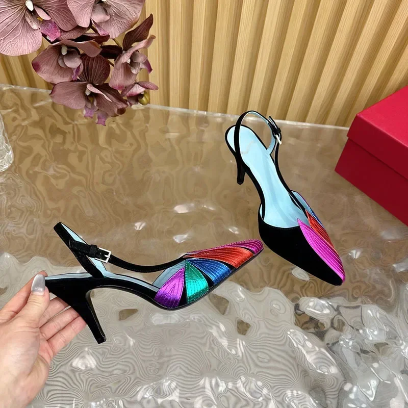 Gold Leaf Shallow Hollow Pumps Women Pointed Toe Mixed Colors Back Strap Stiletto Heel Sandals 2025 New Catwalk Party High Heels