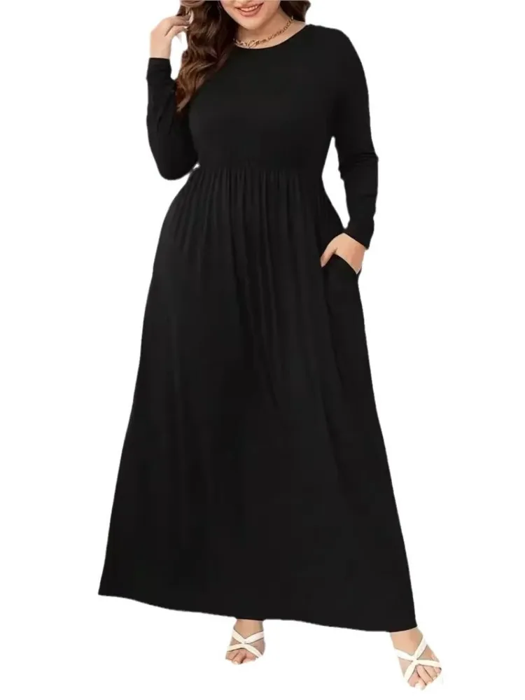 Vestido feminino plissado em linha A, vestido feminino de manga comprida, solto na moda casual, plus size, primavera, outono