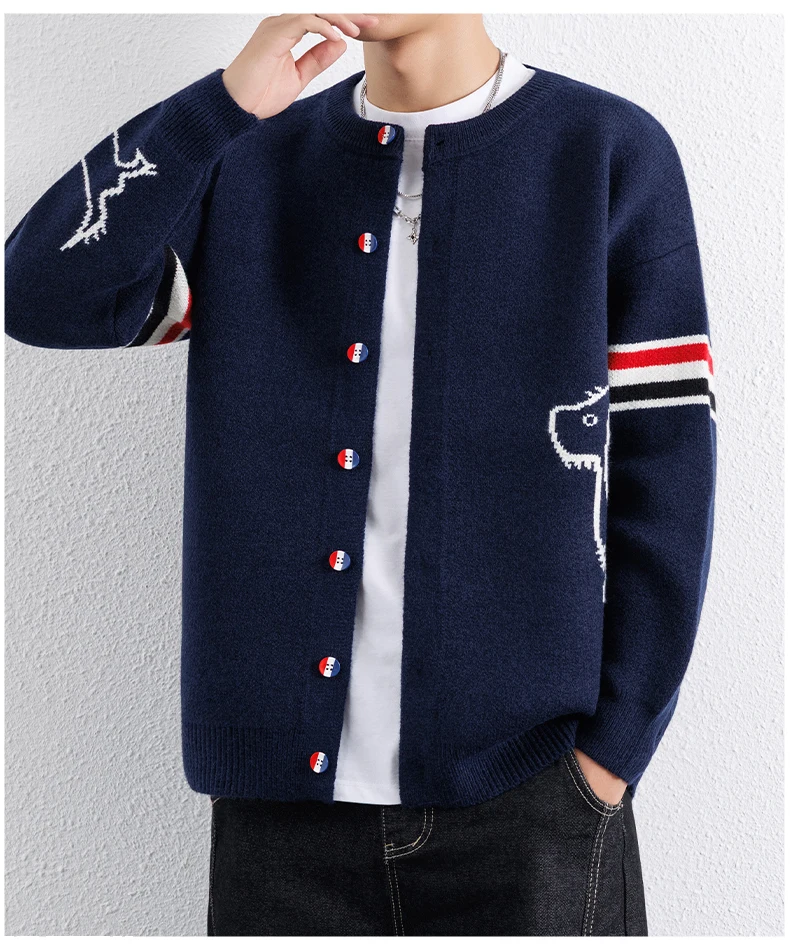 Mode süße Welpen bedruckt Pullover Jacke Herren High-End Marke farbige Streifen Design Gelegenheit Winter dicke warme runde Kragen Strickhemd – Detail 16