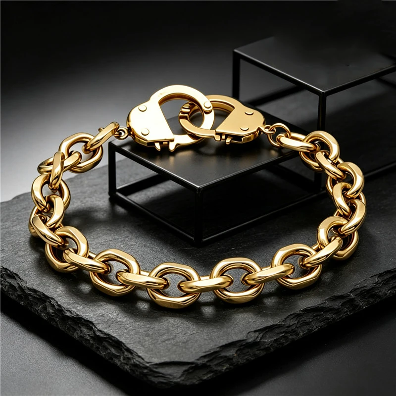 Kalen Edelstahl-Handschellen-Armband für Männer, Punk-Stil, Polierte Ovale Kette, Rock-Biker-Party-Schmuck, Geburtstagsgeschenk – Detail 8
